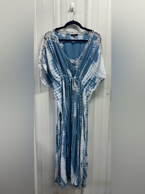 Blue and White Tie-Dye Crochet-Trim Dress | Swimsuit Cover-Up | Maxi Dress